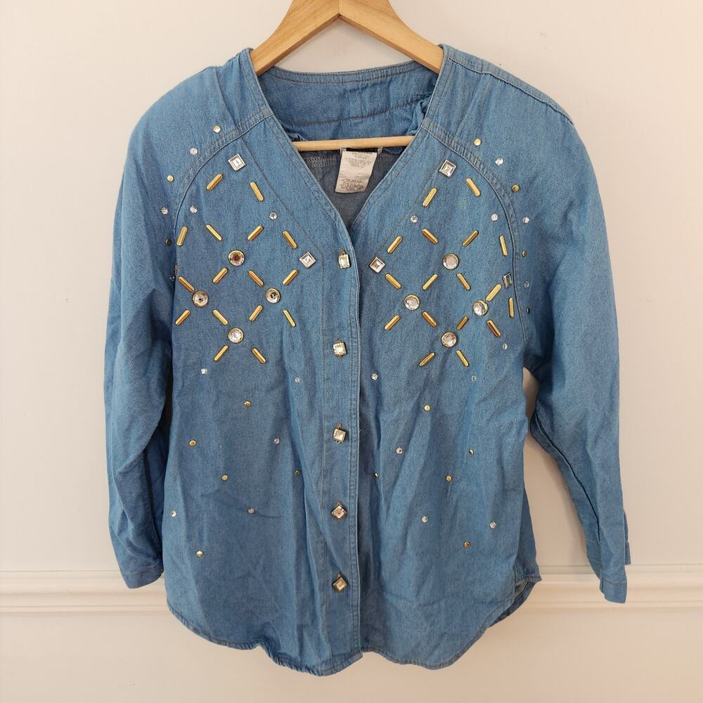 Vtg 80s 90s Denim Shirt PM Petite Medium Womens Buttonup Western Embellished Top